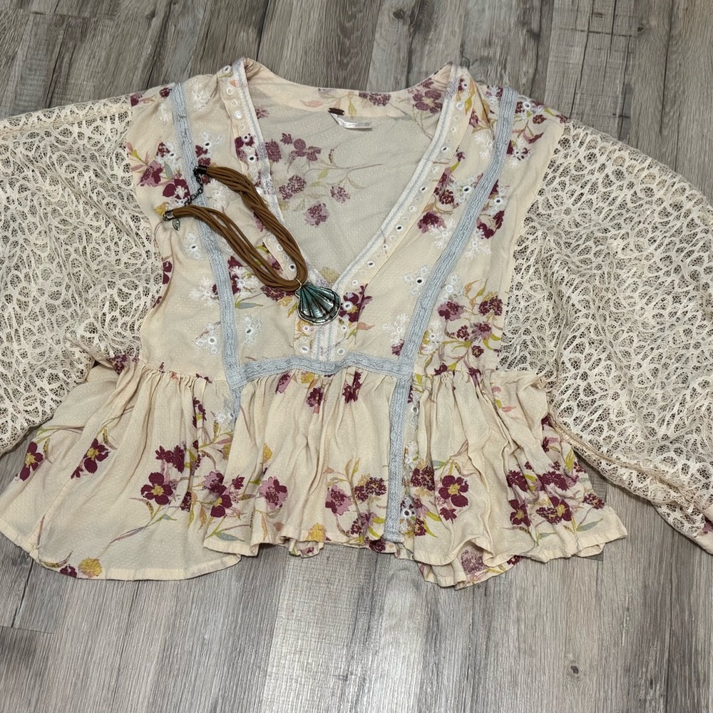 Free People Cream Floral Lace Blouse